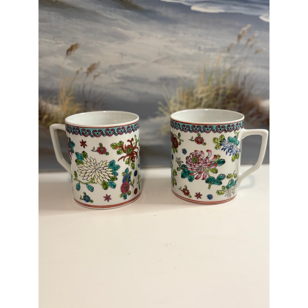 Vintage Chinese Famille Rose Floral Porcelain Mugs Set of 2 Made in China 4 inch